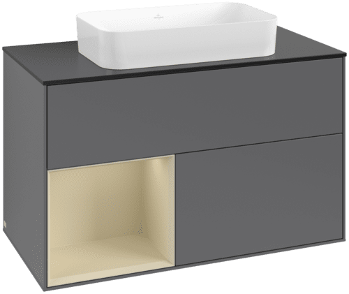 VILLEROY BOCH Toaletní skříňka Finion, s osvětlením, 2 výsuvy, 1000 x 603 x 501 mm, antracitový matný lak / hedvábně šedý matný lak / černé matné sklo #F652HJGK