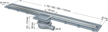 Зображення з  KESSEL Linearis Super 60 kompletní sprchový žlab boční výtok; DN 50; Výška vodního uzávěru 30 mm; Délka kanálu 850 mm 45700,84