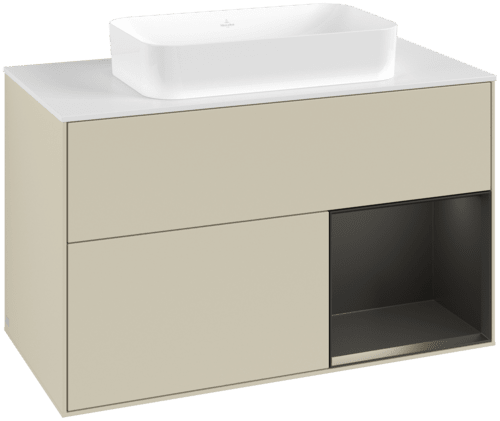 VILLEROY BOCH Toaletní skříňka Finion, s osvětlením, 2 výsuvy, 1000 x 603 x 501 mm, hedvábně šedý matný lak / černý matný lak / bílé matné sklo #F661PDHJ