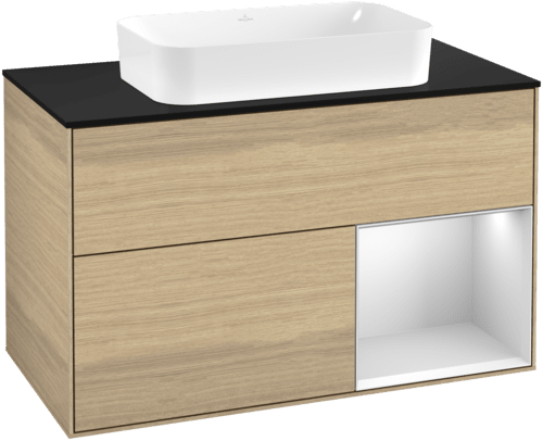 VILLEROY BOCH Toaletní skříňka Finion, s osvětlením, 2 výsuvy, 1000 x 603 x 501 mm, dubová dýha / bílý matný lak / sklo černé matné #F662MTPC