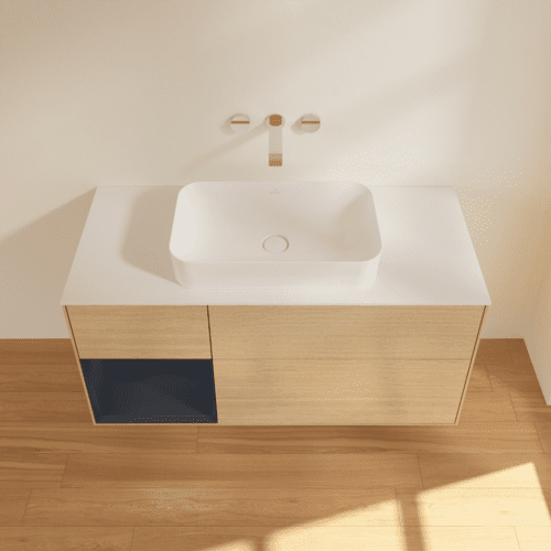 VILLEROY BOCH Toaletní skříňka Finion, s osvětlením, 3 výsuvy, 1200 x 603 x 501 mm, dubová dýha / půlnočně modrý matný lak / bílé matné sklo #F701HGPC, obrázek 3