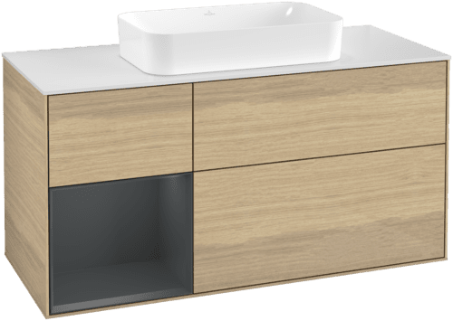 VILLEROY BOCH Toaletní skříňka Finion, s osvětlením, 3 výsuvy, 1200 x 603 x 501 mm, dubová dýha / půlnočně modrý matný lak / bílé matné sklo #F701HGPC