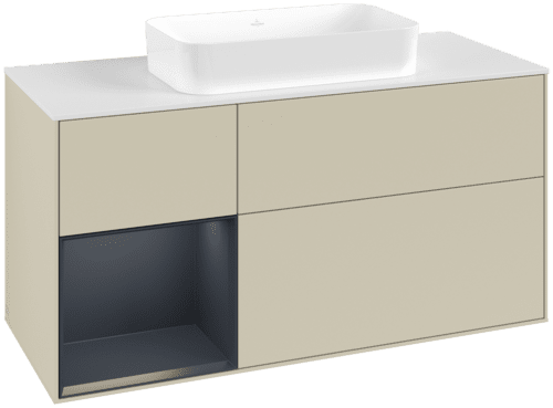 VILLEROY BOCH Toaletní skříňka Finion, s osvětlením, 3 výsuvy, 1200 x 603 x 501 mm, hedvábně šedý matný lak / půlnočně modrý matný lak / bílé matné sklo #F701HGHJ