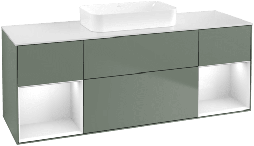 VILLEROY BOCH Toaletní skříňka Finion, s osvětlením, 4 výsuvy, 1600 x 603 x 501 mm, olivový matný lak / lesklý bílý lak / sklo bílé matné #F741GFGM