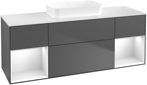 VILLEROY BOCH Toaletní skříňka Finion, s osvětlením, 4 výsuvy, 1600 x 603 x 501 mm, antracit matný lak / lesklý bílý lak / sklo bílé matné #F741GFGK