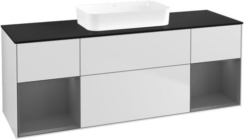 VILLEROY BOCH Toaletní skříňka Finion, s osvětlením, 4 výsuvy, 1600 x 603 x 501 mm, bílý matný lak / antracitový matný lak / černé matné sklo #F742GKMT