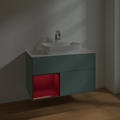 VILLEROY BOCH Toaletní skříňka Finion, s osvětlením, 2 výsuvy, 1000 x 603 x 501 mm, olivový matný lak / pivoňkový matný lak / bílé matné sklo #F771HBGM, obrázek 5