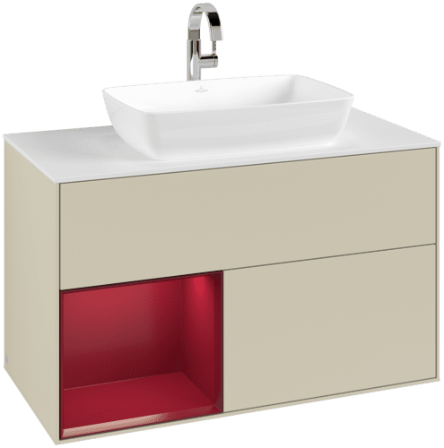 VILLEROY BOCH Toaletní skříňka Finion, s osvětlením, 2 výsuvy, 1000 x 603 x 501 mm, Silk Grey Matt Lacquer / Peony Matt Lacquer / Glass White Matt #F771HBHJ