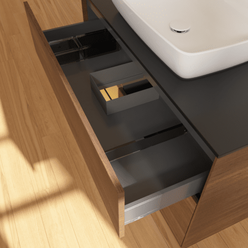 VILLEROY BOCH Toaletní skříňka Finion, s osvětlením, 2 výsuvy, 1000 x 603 x 501 mm, ořechová dýha / zlatý matný lak / černé matné sklo #F772HFGN, obrázek 8