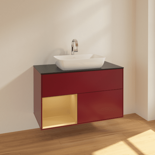 VILLEROY BOCH Toaletní skříňka Finion, s osvětlením, 2 výsuvy, 1000 x 603 x 501 mm, Peony Matt Lacquer / Gold Matt Lacquer / Glass Black Matt #F772HFHB, obrázek 2