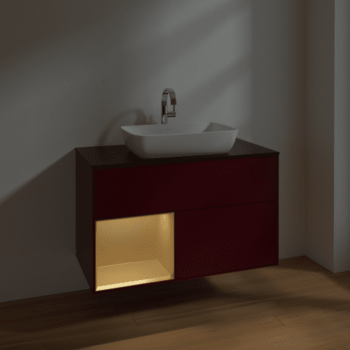 VILLEROY BOCH Toaletní skříňka Finion, s osvětlením, 2 výsuvy, 1000 x 603 x 501 mm, Peony Matt Lacquer / Gold Matt Lacquer / Glass Black Matt #F772HFHB, obrázek 5