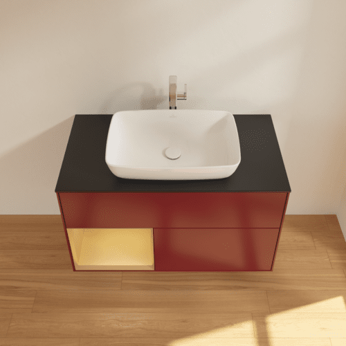 VILLEROY BOCH Toaletní skříňka Finion, s osvětlením, 2 výsuvy, 1000 x 603 x 501 mm, Peony Matt Lacquer / Gold Matt Lacquer / Glass Black Matt #F772HFHB, obrázek 4