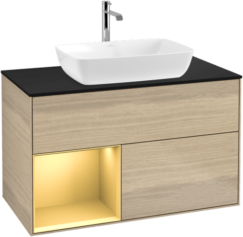 VILLEROY BOCH Toaletní skříňka Finion, s osvětlením, 2 výsuvy, 1000 x 603 x 501 mm, dubová dýha / zlatý matný lak / černé matné sklo #F772HFPC