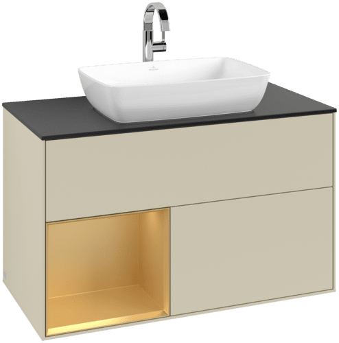 VILLEROY BOCH Toaletní skříňka Finion, s osvětlením, 2 výsuvy, 1000 x 603 x 501 mm, Silk Grey Matt Lacquer / Gold Matt Lacquer / Glass Black Matt #F772HFHJ