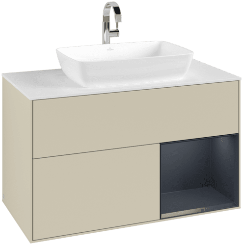 VILLEROY BOCH Toaletní skříňka Finion, s osvětlením, 2 výsuvy, 1000 x 603 x 501 mm, hedvábně šedý matný lak / půlnočně modrý matný lak / bílé matné sklo #F781HGHJ