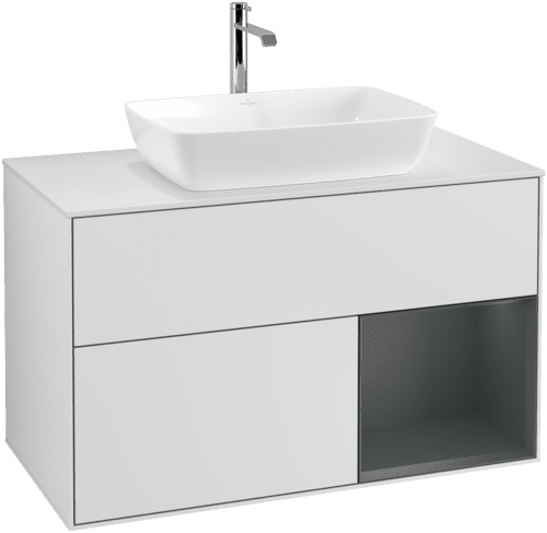 VILLEROY BOCH Toaletní skříňka Finion, s osvětlením, 2 výsuvy, 1000 x 603 x 501 mm, bílý matný lak / půlnoční modrý matný lak / bílé matné sklo #F781HGMT