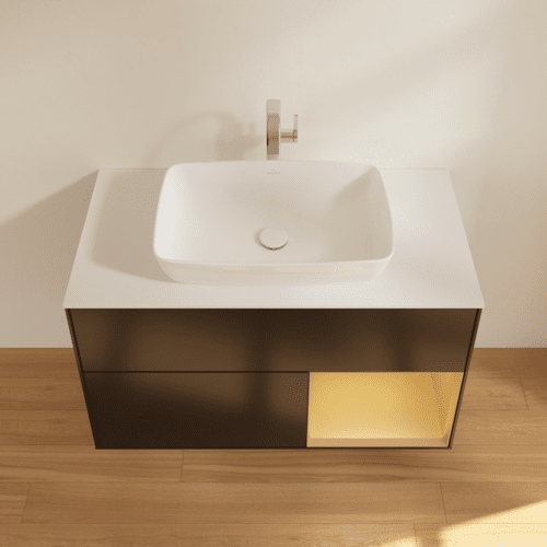 VILLEROY BOCH Toaletní skříňka Finion, s osvětlením, 2 výsuvy, 1000 x 603 x 501 mm, černý matný lak / zlatý matný lak / bílé matné sklo #F781HFPD, obrázek 4
