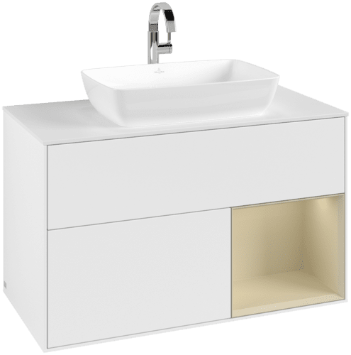 VILLEROY BOCH Toaletní skříňka Finion, s osvětlením, 2 výsuvy, 1000 x 603 x 501 mm, bílý matný lak / hedvábně šedý matný lak / bílé matné sklo #F781HJMT