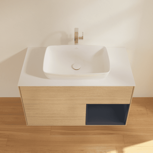 VILLEROY BOCH Toaletní skříňka Finion, s osvětlením, 2 výsuvy, 1000 x 603 x 501 mm, dubová dýha / půlnočně modrý matný lak / bílé matné sklo #F781HGPC, obrázek 4