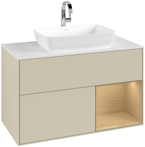 VILLEROY BOCH Toaletní skříňka Finion, s osvětlením, 2 výsuvy, 1000 x 603 x 501 mm, hedvábně šedý matný lak / dubová dýha / sklo bílé matné #F781PCHJ