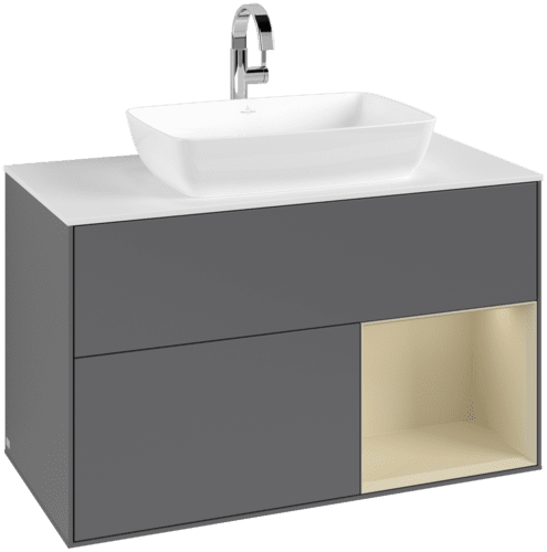 VILLEROY BOCH Toaletní skříňka Finion, s osvětlením, 2 výsuvy, 1000 x 603 x 501 mm, antracit matný lak / hedvábně šedý matný lak / sklo bílé matné #F781HJGK