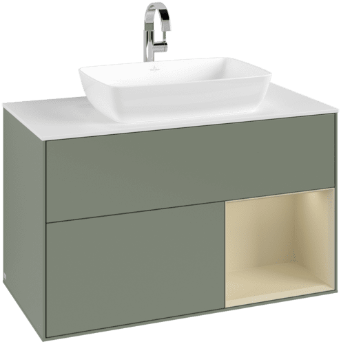 VILLEROY BOCH Toaletní skříňka Finion, s osvětlením, 2 výsuvy, 1000 x 603 x 501 mm, olivový matný lak / hedvábně šedý matný lak / bílé matné sklo #F781HJGM
