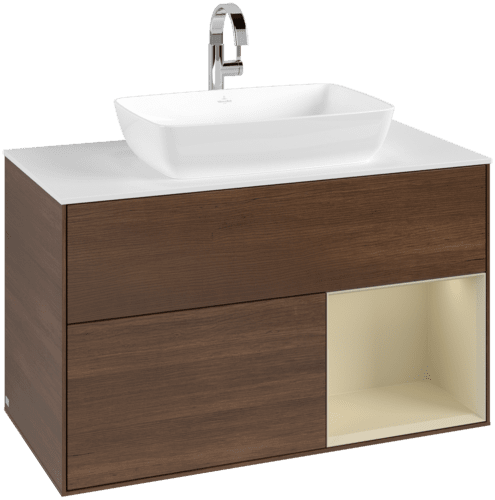 VILLEROY BOCH Toaletní skříňka Finion, s osvětlením, 2 výsuvy, 1000 x 603 x 501 mm, ořechová dýha / hedvábně šedý matný lak / sklo bílé matné #F781HJGN