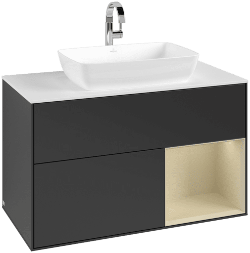 VILLEROY BOCH Toaletní skříňka Finion, s osvětlením, 2 výsuvy, 1000 x 603 x 501 mm, černý matný lak / hedvábně šedý matný lak / bílé matné sklo #F781HJPD