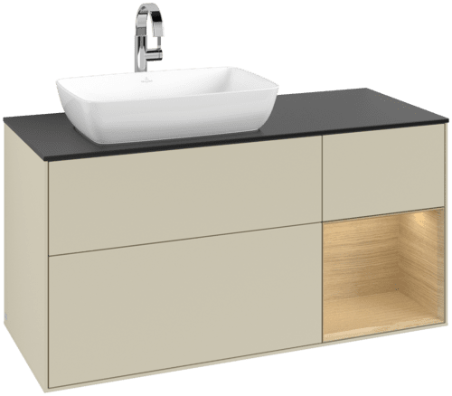 VILLEROY BOCH Toaletní skříňka Finion, s osvětlením, 3 výsuvy, 1200 x 603 x 501 mm, hedvábně šedý matný lak / dubová dýha / černé matné sklo #F812PCHJ