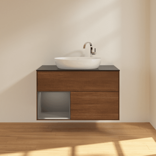 VILLEROY BOCH Toaletní stolek Finion, s osvětlením, 2 výsuvy, 1000 x 603 x 501 mm, ořechová dýha / antracitový matný lak / černé matné sklo #F892GKGN, obrázek 3