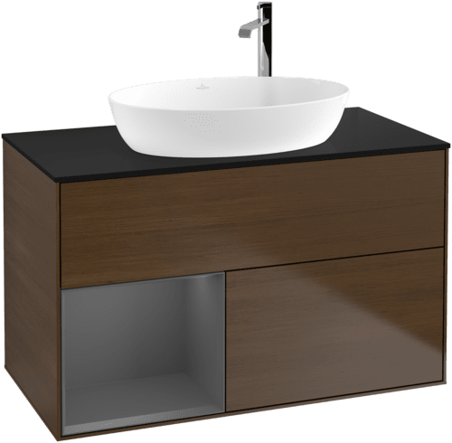 VILLEROY BOCH Toaletní stolek Finion, s osvětlením, 2 výsuvy, 1000 x 603 x 501 mm, ořechová dýha / antracitový matný lak / černé matné sklo #F892GKGN
