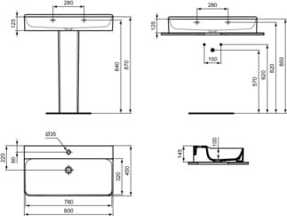 IDEAL STANDARD CONCA - Umyvadlo 800x450x145 mm v bílém lesku, 1 otvor pro baterii, bez přepadu #T382901 - Bílá (Alpine), obrázek 5