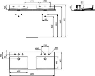 IDEAL STANDARD Extra dvojité umyvadlo 1215x450 mm, se 3 otvory pro baterii na umyvadlo, s otvorem pro přepad (štěrbinový) #T391001 - Bílá (Alpine)