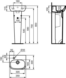 IDEAL STANDARD I.LIFE A - Umyvadlo s ručním oplachováním 350x300x150 mm, bílé lesklé, 1 otvor pro baterii, s přepadem - Prostorově úsporné umyvadlo #T451501 - Bílá (Alpine), obrázek 5