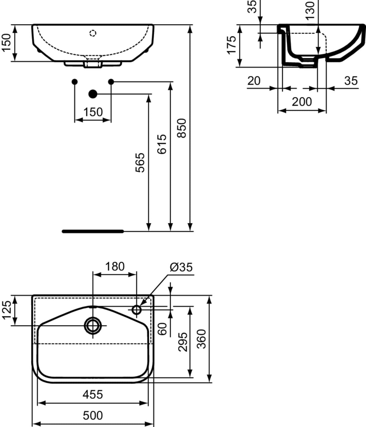 IDEAL STANDARD i.life S polozapuštěné umyvadlo 500x360mm, s 1 otvorem pro baterii, s otvorem pro přepad (kulatý) #T4588MA - Bílá (Alpine) s Ideal Plus
