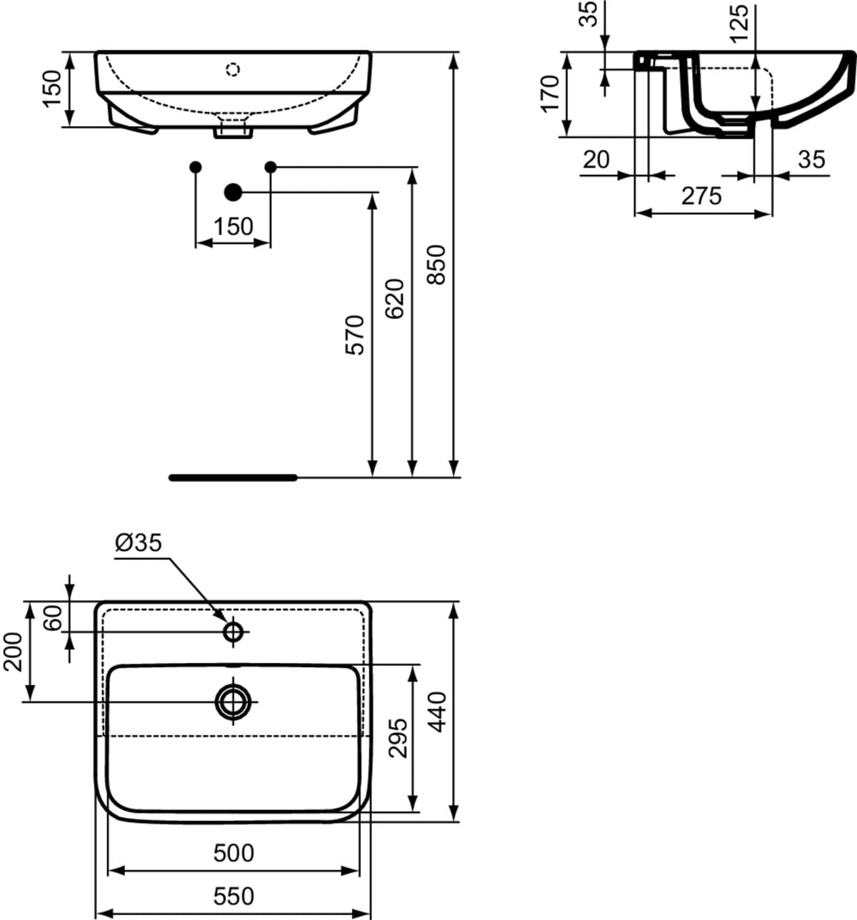 IDEAL STANDARD i.life B polozapuštěné umyvadlo 550x440mm, s 1 otvorem pro baterii, s otvorem pro přepad (kulatý) #T4611MA - Bílá (Alpine) s Ideal Plus