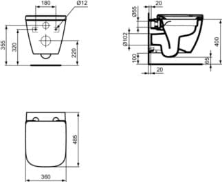 IDEAL STANDARD I.LIFE S - Závěsný WC balíček 360x485x380 mm v bílé lesklé barvě, plné splachování CL1 3,9 - 6 l/min, horizontální odtok - CL1, CL2, technologie splachování bez okrajů RimLS+, SoftClosing WC, prostorově úsporné WC #T473801 - Bílá (Alpine)
