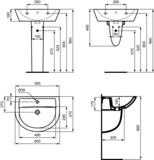 IDEAL STANDARD EUROVIT - Nástěnný sloupek 240x280x375 mm v bílém lesku #W333001 - Bílá (Alpská), obrázek 8