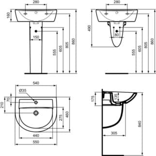 IDEAL STANDARD EUROVIT - Umyvadlo 550x460x175 mm, bílé lesklé, 1 otvor pro baterii, s přepadem #W332601 - Bílá (Alpine), obrázek 3
