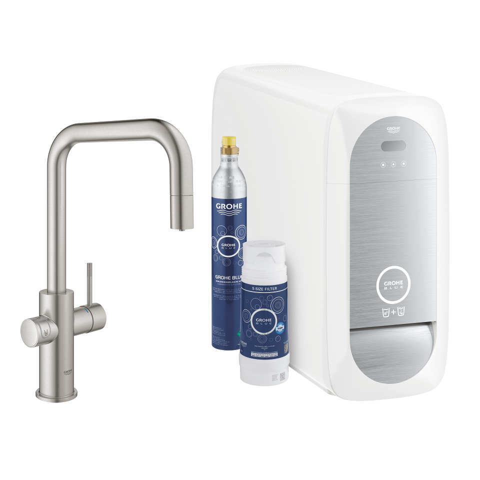GROHE Blue Home Startovní sada s vytahovacím perlátorem, výpusť ve tvaru U SuperSteel #31543DC0