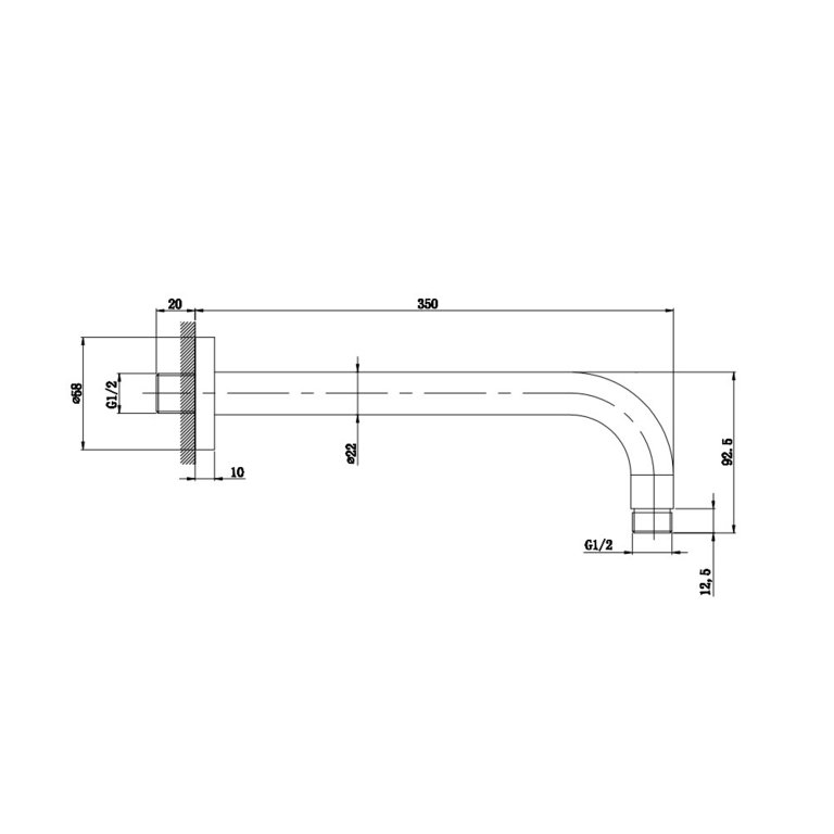 KREINER PREMIUM sprchové rameno 90° 350mm 1/2", mosaz, chromované s vysokým leskem