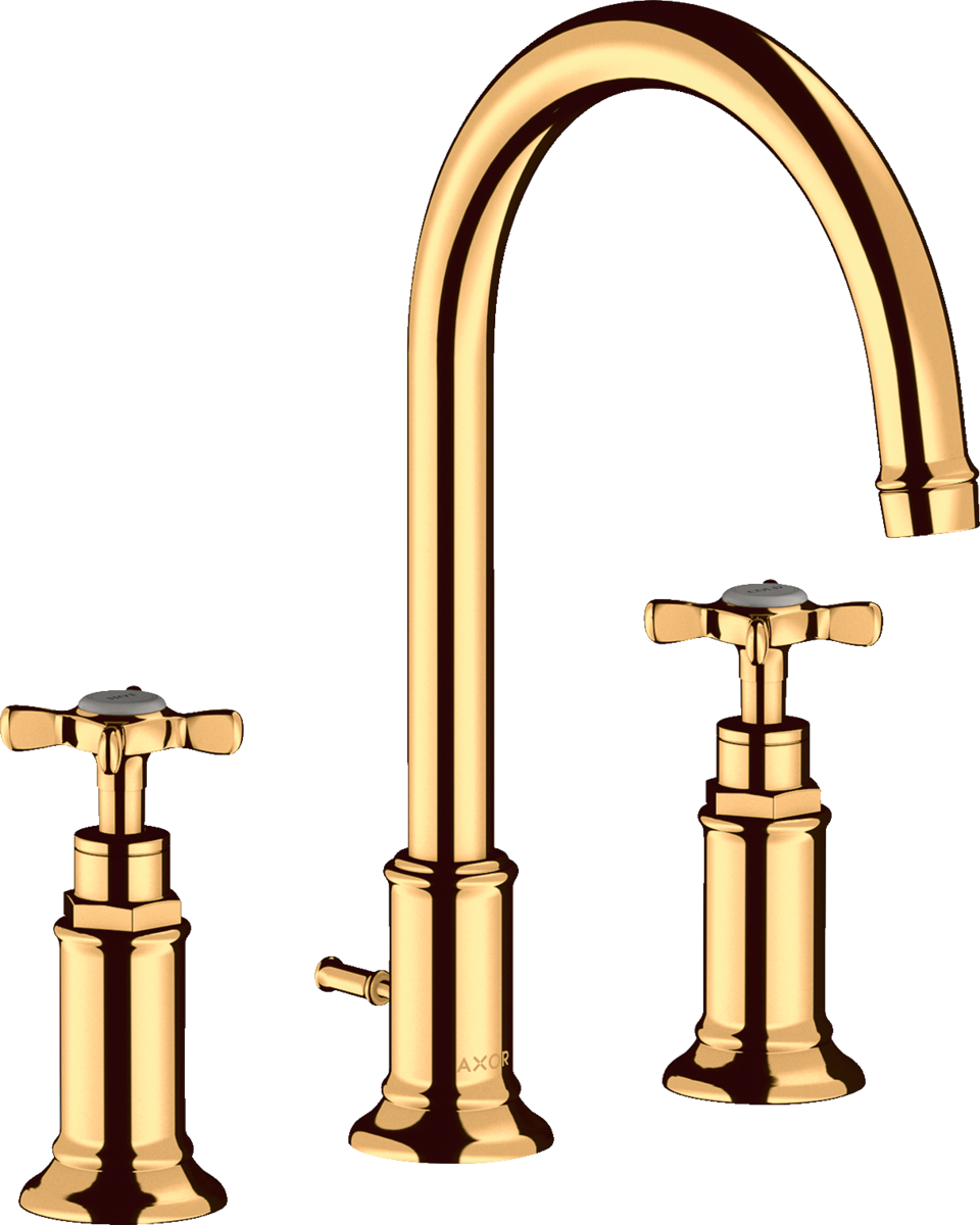 HANSGROHE AXOR Montreux tříotvorová umyvadlová baterie 180 s křížovými rukojeťmi a vyskakovacím výtokem #16513990 - Polished Gold Optic