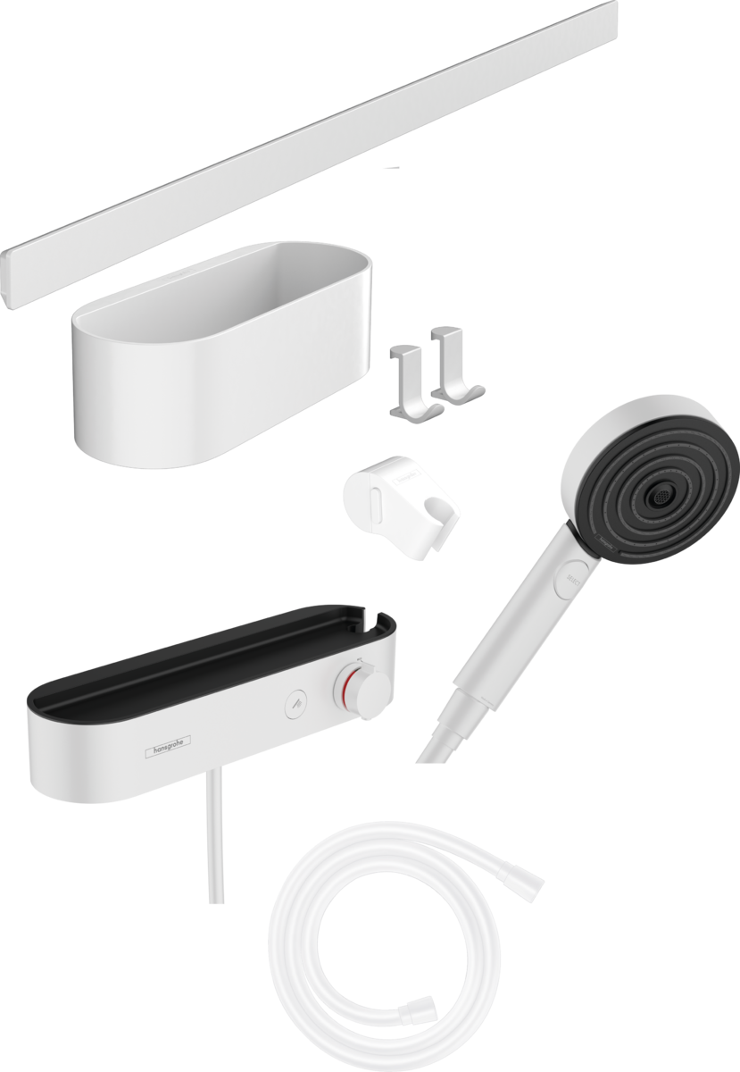 HANSGROHE WallStoris Sada: ruční sprcha 105 3jet Activation EcoSmart, termostat, nástěnná tyč 70 cm a sada pro odkládání matná bílá 24250700
