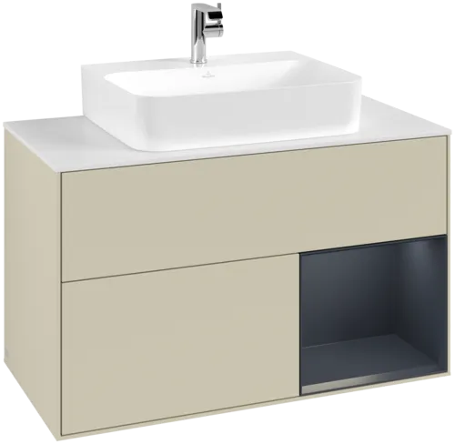 VILLEROY BOCH Toaletní skříňka Finion, s osvětlením, 2 výsuvy, 1000 x 603 x 501 mm, hedvábně šedý matný lak / půlnočně modrý matný lak / bílé matné sklo #F121HGHJ