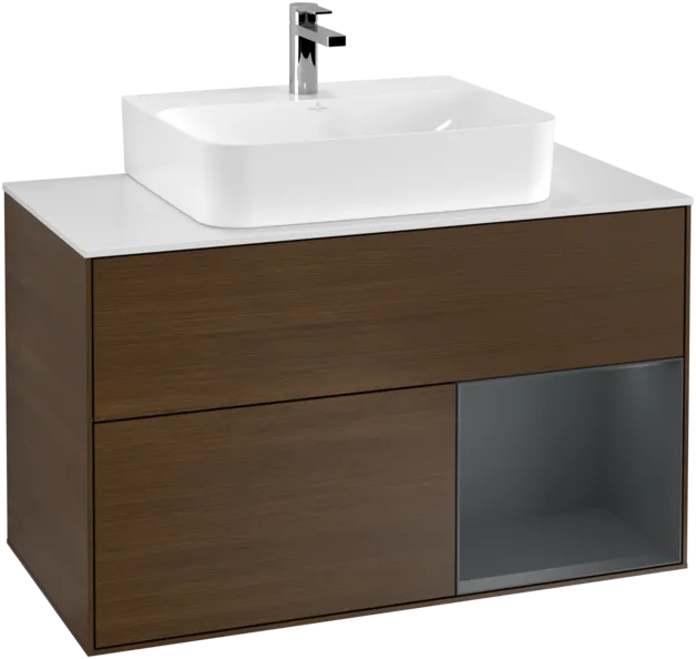 VILLEROY BOCH Toaletní skříňka Finion, s osvětlením, 2 výsuvy, 1000 x 603 x 501 mm, ořechová dýha / půlnočně modrý matný lak / sklo bílé matné #F121HGGN