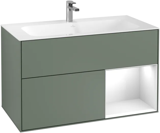 VILLEROY BOCH Toaletní skříňka Finion, s osvětlením, 2 výsuvy, 996 x 591 x 498 mm, olivový matný lak / lesklý bílý lak #F040GFGM