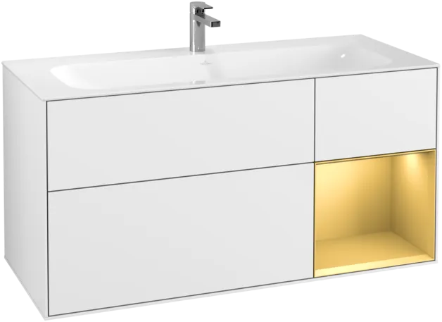VILLEROY BOCH Toaletní skříňka Finion, s osvětlením, 3 výsuvy, 1196 x 591 x 498 mm, lesklý bílý lak / zlatý matný lak #F070HFGF