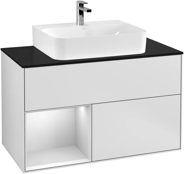 VILLEROY BOCH Toaletní skříňka Finion, s osvětlením, 2 výsuvy, 1000 x 603 x 501 mm, bílý matný lak / bílý matný lak / černé matné sklo #F112MTMT