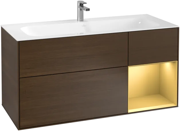 VILLEROY BOCH Toaletní skříňka Finion, s osvětlením, 3 výsuvy, 1196 x 591 x 498 mm, ořechová dýha / zlatý matný lak #F070HFGN