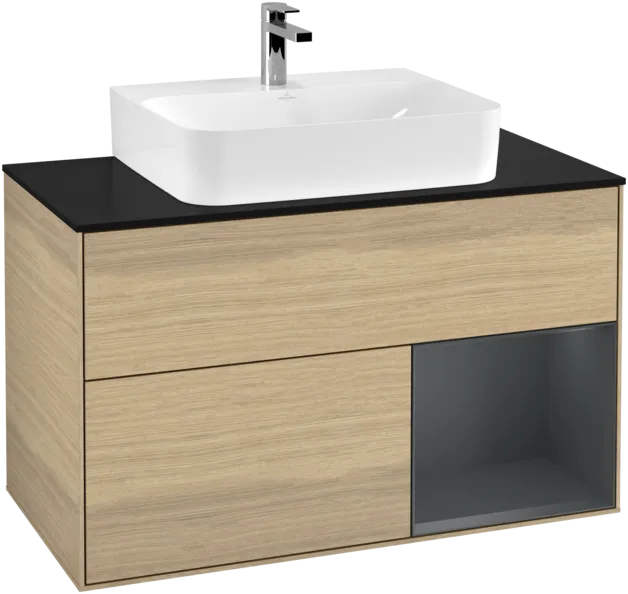 VILLEROY BOCH Toaletní skříňka Finion, s osvětlením, 2 výsuvy, 1000 x 603 x 501 mm, dubová dýha / půlnočně modrý matný lak / černé matné sklo #F122HGPC